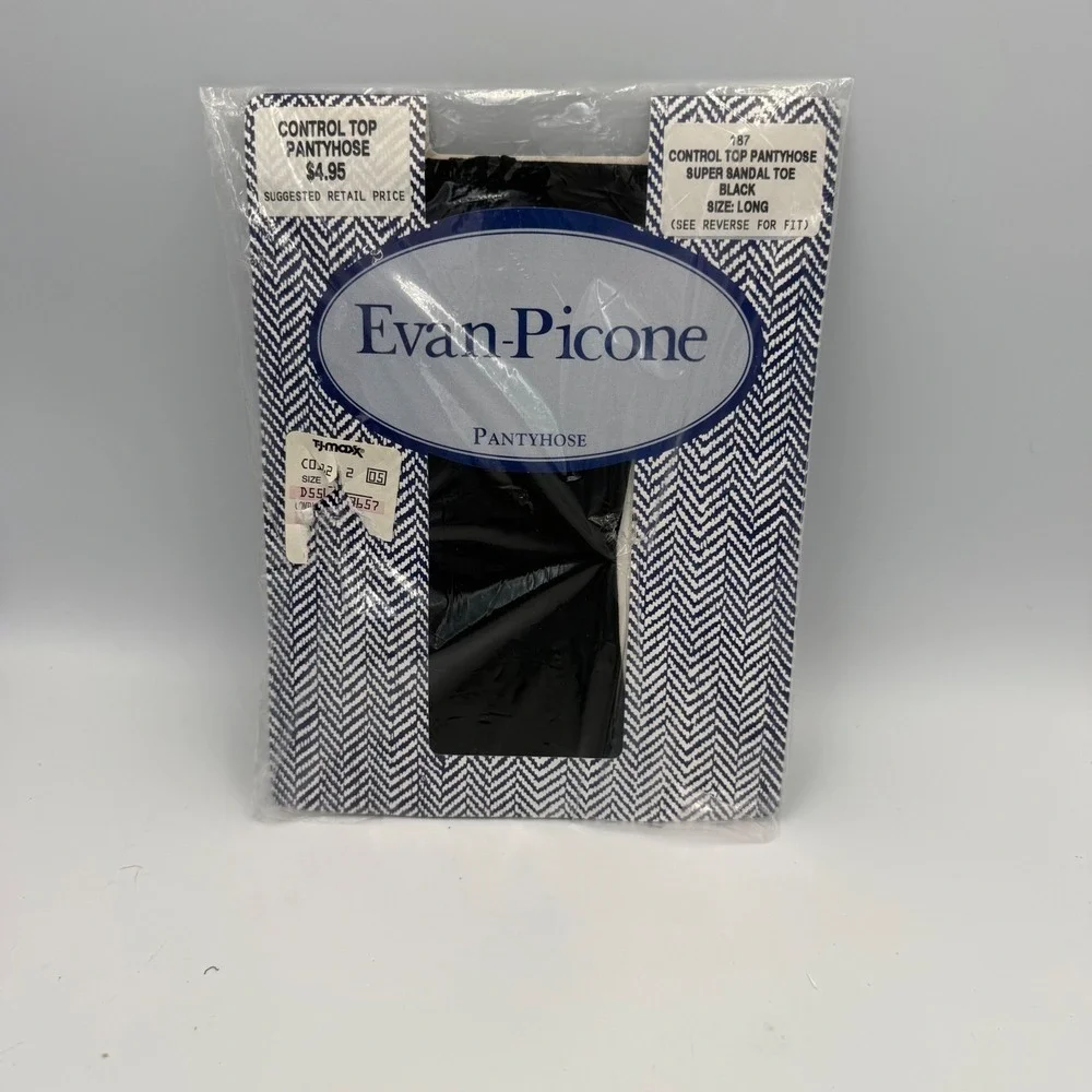 Evan-Picone Vintage Control Top Pantyhose Black Super Sandal Toe Size Long USA